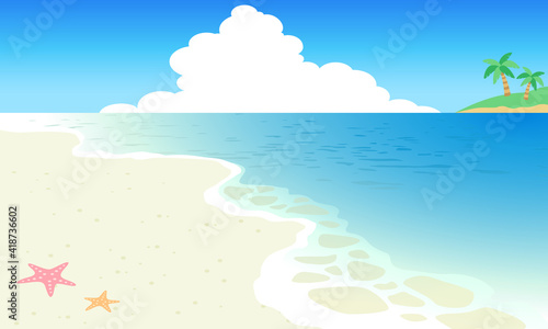 海と入道雲と椰子の木と飛行機雲のビーチベクターイラスト背景　風景