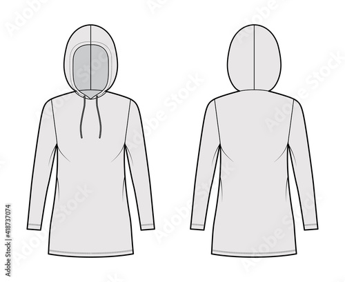 Hoody dress technical fashion illustration with long sleeves, mini length, oversized body, Pencil fullness. Flat sweater apparel template front, back, grey color style. Women, men, unisex CAD mockup