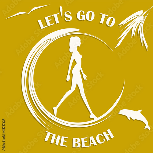 Girl, dolphin, abstract wave, seagull - vector. Summer rest. Travel banner. Let's go to the beach