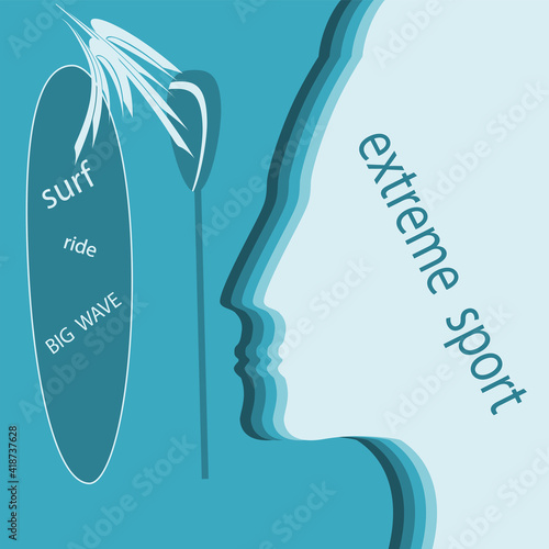 SUP Board, faces in profile, big wave - vector. Summer rest. Travel banner.