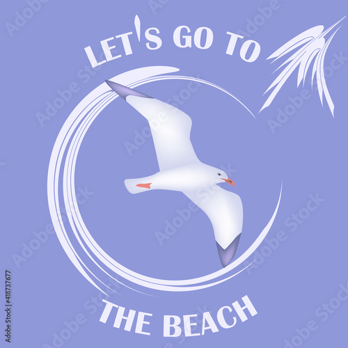 Seagull close-up, abstract wave, - vector. Summer rest. Travel banner. Let's go to the beach