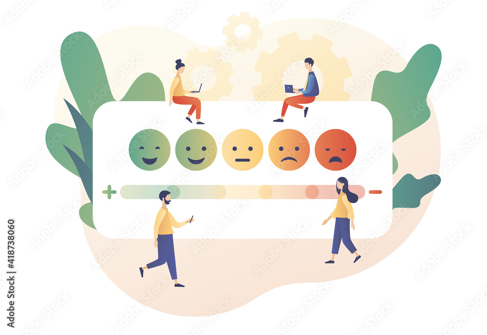 Emotions scale with arrow from green to red. Emoji set for mood tracker. Excellent, good and normal, bad and awful. Tiny people leave feedback. Modern flat cartoon style. Vector illustration