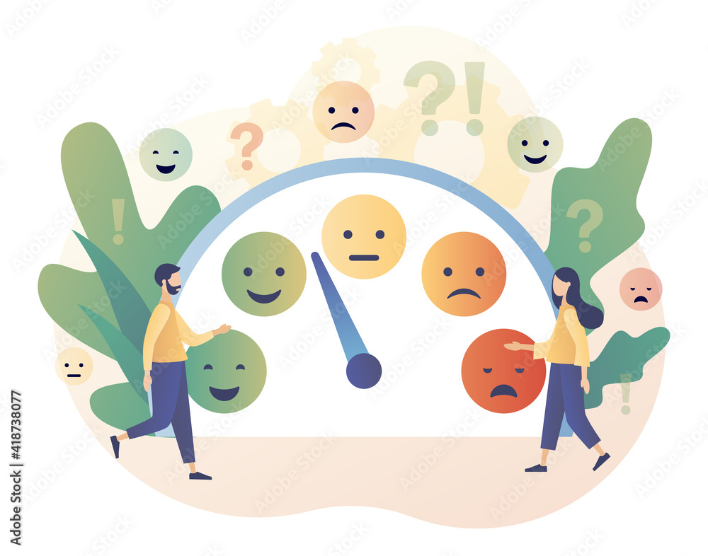 Emotions scale. Mood concept. Excellent, good and normal, bad and awful. Tiny people leave feedback. Emoji set for mood tracker. Modern flat cartoon style. Vector illustration on white background Emotions scale. Mood concept. Excellent, good and normal, bad and awful. Tiny people leave feedback. Emoji set for mood tracker. Modern flat cartoon style. Vector illustration on white background