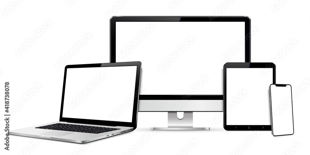Realistic device set: pc monitor, laptop, tablet and phone template.