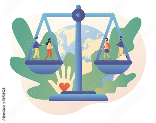 Human rights concept. World Social justice day. Big scales as symbol of equality, freedom and love. Tiny people for tolerance and respect. Modern flat cartoon style. Vector illustration 