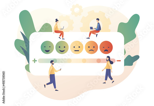 Emotions scale with arrow from green to red. Emoji set for mood tracker. Excellent, good and normal, bad and awful. Tiny people leave feedback. Modern flat cartoon style. Vector illustration
