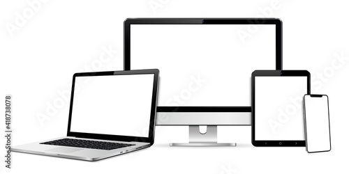 Realistic device set: pc monitor, laptop, tablet and phone template.