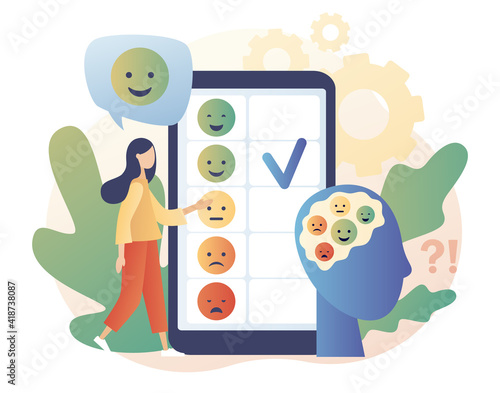 Emotions scale on smartphone screen. Mood concept. Excellent, good and normal, bad and awful. Tiny girl leave feedback online. Emoji set for mood tracker. Modern flat cartoon style.Vector illustration