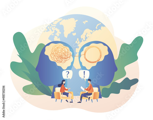 World mental health day. Tiny psychologist and patient. Psychology without borders. Psychotherapy practice, psychological help, psychologist service. Modern flat cartoon style. Vector illustration