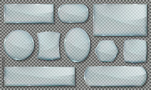 Glass plates set. Glass banners on transparent background.