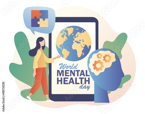 World mental health day - text on smartphone screen. Psychologist online. Psychology without borders.Psychotherapy practice, psychological help, psychologist service. Modern flat cartoon style. Vector