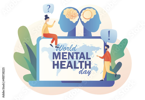 World mental health day - text on laptop screen. Psychotherapy practice, psychological help, psychologist service, psychologist online. Psychology without borders. Modern flat cartoon style. Vector 