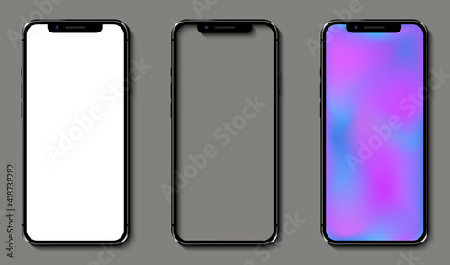 Realistic smartphones with white, transparent and soft color mesh gradient screen. Smartphone mockup.
