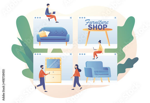Tiny people shopping furniture and home decor online use smartphone or laptop. Furniture and home accessories store. Sofa shop. Modern flat cartoon style. Vector illustration on white background
