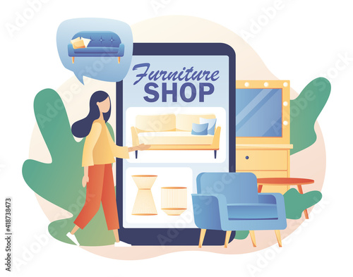 Tiny woman shopping furniture and home decor online use smartphone. Furniture and home accessories store. Sofa shop. Modern flat cartoon style. Vector illustration on white background