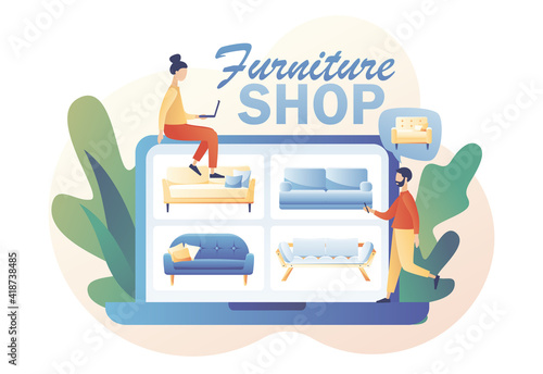 Tiny people shopping furniture and home decor online use laptop. Furniture and home accessories store. Sofa shop. Modern flat cartoon style. Vector illustration on white background