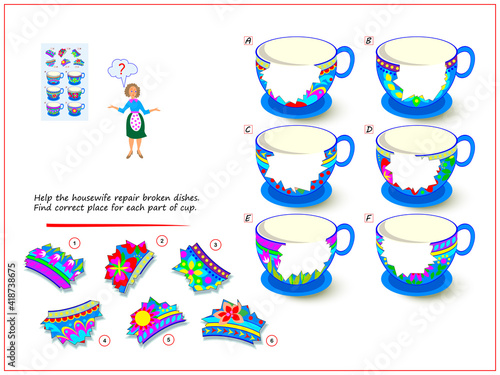 Logic puzzle game for children and adults. Help the housewife repair broken dishes. Find correct place for each part of cup. Page for kids brain teaser book. Developing spatial thinking. Play online.