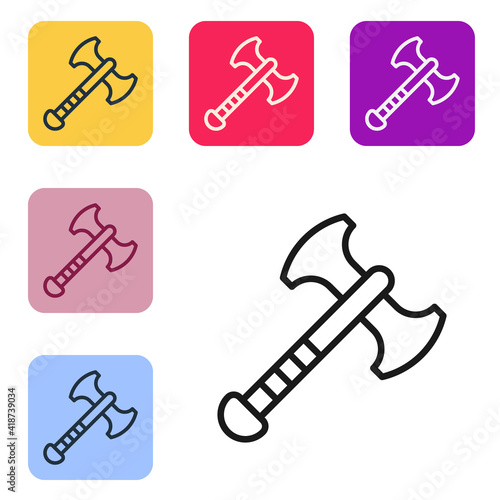 Black line War axe icon isolated on white background. Battle axe, executioner axe. Medieval weapon. Set icons in color square buttons. Vector.