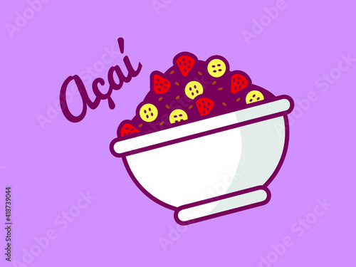 Illustration of a Brazilian frozen açai berry ice cream bowl with strawberries and bananas isolated on a white background. Flat design.