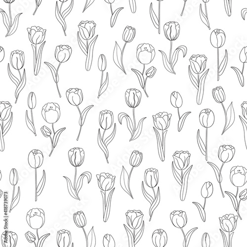 Tulips line art isolated illustration seamless pattern