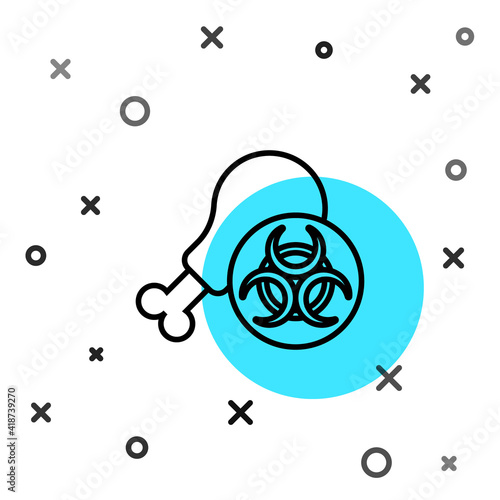 Black line Gmo research chicken icon isolated on white background. Syringe being injected to chicken. Random dynamic shapes. Vector.