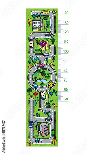 Roads with cars. City height chart or meter wall