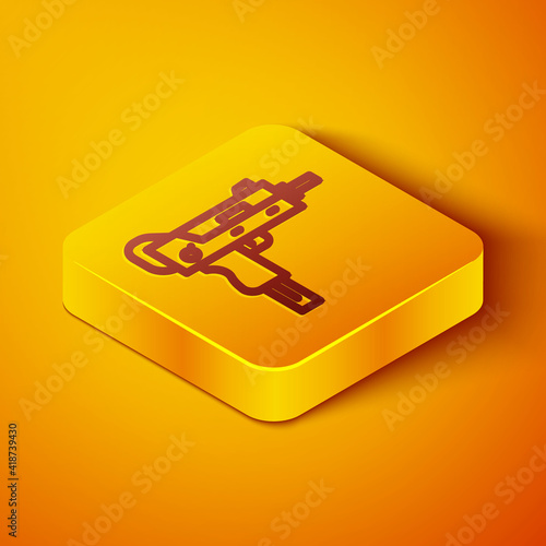 Isometric line UZI submachine gun icon isolated on orange background. Automatic weapon. Yellow square button. Vector.