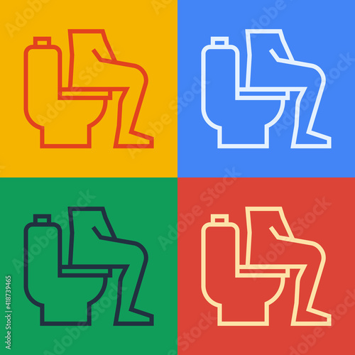 Pop art line Men sitting on the toilet and Constipation are experiencing severe abdominal pain icon isolated on color background. Vector.