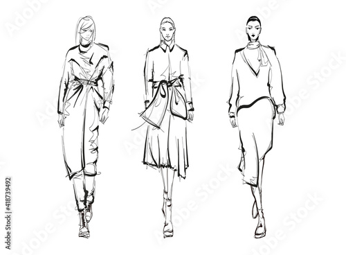 Beautiful young women in modern style.. Hand drawn stylish woman portrait. Fashion lady. Autumn outfit. Sketch set. Fashion model posing in coat. Hand drawn fashion woman.