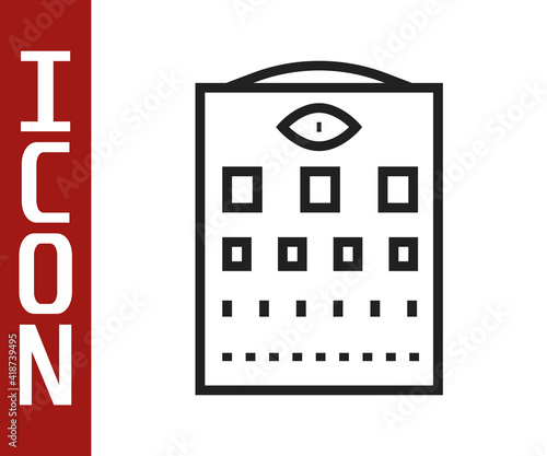 Black line Eye test chart icon isolated on white background. Poster for vision testing in ophthalmic study. Snellen chart. Vector.