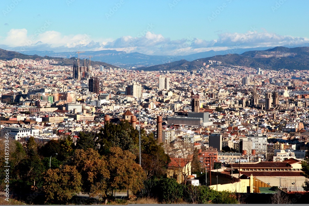 Aerial Panorama view of Barcelona city skyline and Sagrada familia, Spain