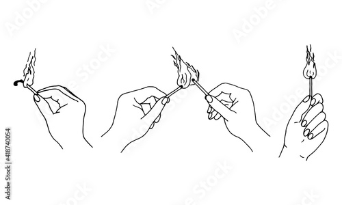 Set with hands holding burning matches. In various poses. Vector illustration drawn by contour in doodle style.