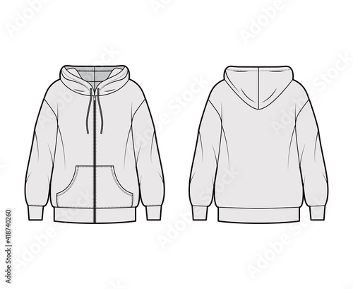 Zip-up Hoody sweatshirt technical fashion illustration with long sleeves, oversized body, kangaroo pouch, banded hem. Flat apparel template front, back, grey color style. Women, men, unisex CAD mockup
