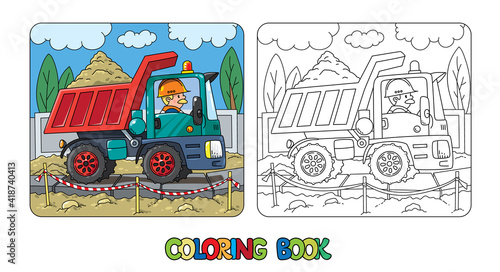Construction worker in a dump truck. Coloring book