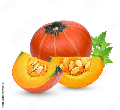 Fresh Pumpkin with lesves isolated on white background