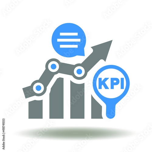 Graph with growth arrow, speech bubble, magnifying glass and kpi vector icon. KPI Data Achievement Analytics Symbol.