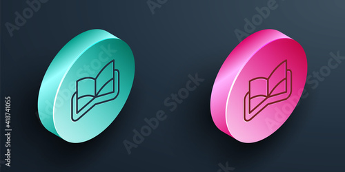 Isometric line Ancient magic book with alchemy recipes and mystic spells and enchantments icon isolated on black background. Turquoise and pink circle button. Vector.