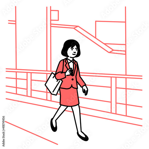 Business scene: Woman walking town. Vector illustration.