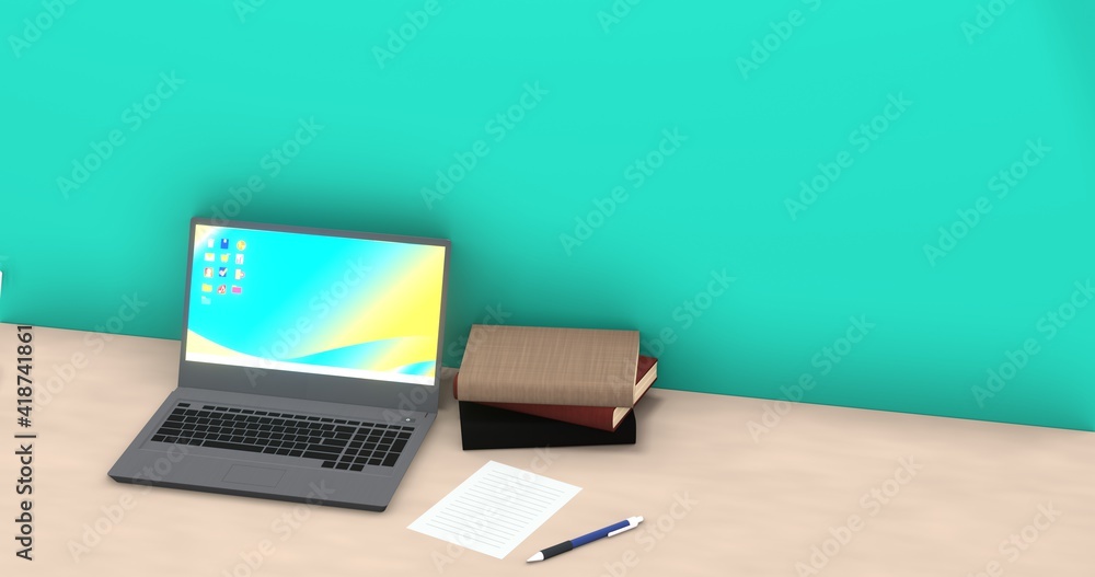 デスク上のノートパソコンとメモ用紙とペンと本　3DCGインテリア　ポスター