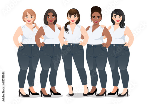 Set of Plus size female in white sleeveless shirt and jeans standing together on white background vector
