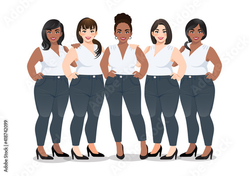 Set of Plus size female in white sleeveless shirt and jeans standing together on white background vector