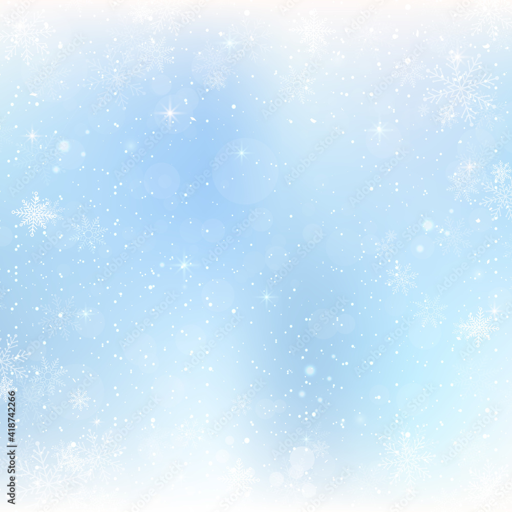 Abstract Christmas background with snowflakes. Blue Elegant Winter background