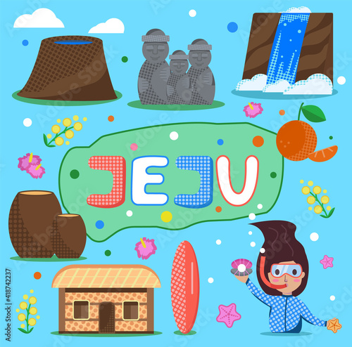 Vector set of elements dedicated to Jeju Island in South Korea. Colorful vector illustrations of landmarks, symbols of culture, nature and architecture.