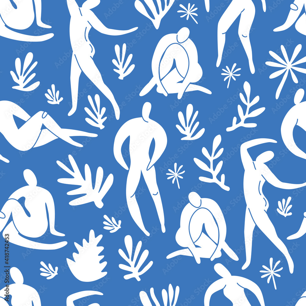 Seamless pattern trendy doodle and abstract nature icons on blue background. Summer collection, unusual shapes in freehand matisse art style. Includes people, floral art. Seamless pattern trendy doodle and abstract nature icons on blue background. Summer collection, unusual shapes in freehand matisse art style. Includes people, floral art.