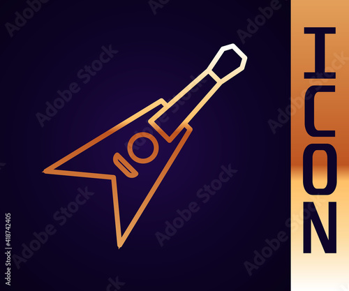 Gold line Electric bass guitar icon isolated on black background. Vector.