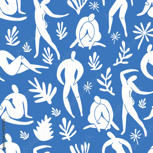 Seamless pattern trendy doodle and abstract nature icons on blue background. Summer collection, unusual shapes in freehand matisse art style. Includes people, floral art.