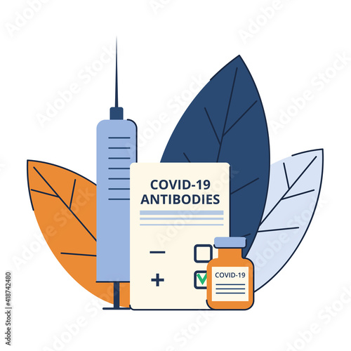 Time of vaccination against covid-19. Virus protection. Checking for antibodies and test result. Isolated concept on white background. Vector illustration
