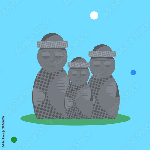 Vector flat illustration of stone statues (hareubang) of Jeju island in South Korea. Isolated on a blue background in cartoon style.