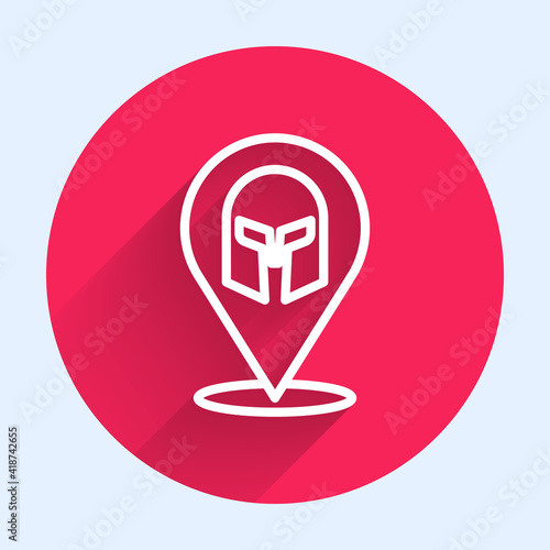 White line Greek helmet icon isolated with long shadow. Antiques helmet for head protection soldiers with a crest of feathers or horsehair. Red circle button. Vector.