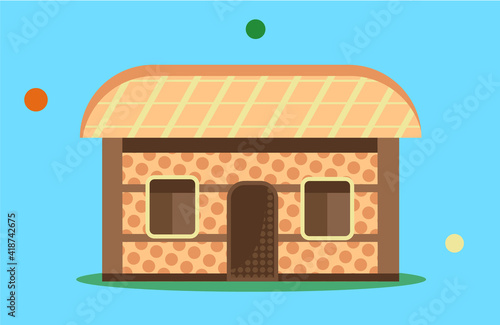 Vector flat illustration of traditional house of people of Jeju island in South Korea.
Stone house with thatched roof isolated on blue background in cartoon style.